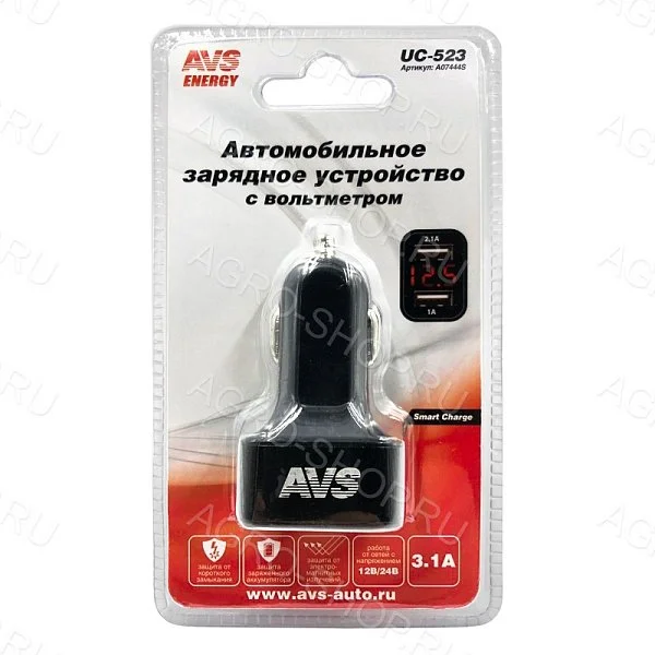 USB автомобильное зарядное устройство AVS 2 порта UC-523 (3А, черный) с вольтметром 