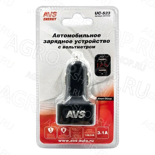 USB автомобильное зарядное устройство AVS 2 порта UC-523 (3А, черный) с вольтметром 